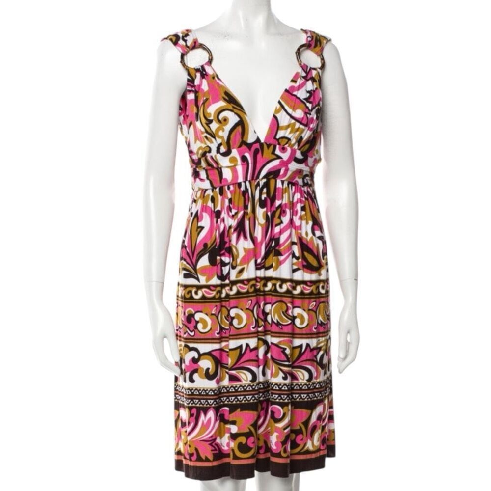 Milly Viscose Blend Pink & Brown Print Deep V Front Faux Wood Strap Detail Sz Me